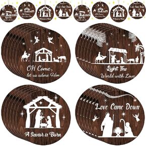 Maitys 24 Pcs Christmas Nativity Wood Ornaments Xmas Round Chips Scene Religious Slice Xmas Tree Hanging Ornaments Tree Tag with 10.9 Yard for Home Garden Holiday Decoration Supplies(Wood Color)