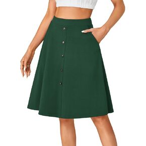 LYANER Women's Knee Length Casual Skirt Stretchy Button High Waist A-Line Flared Vintage Midi Skirts with Pocket