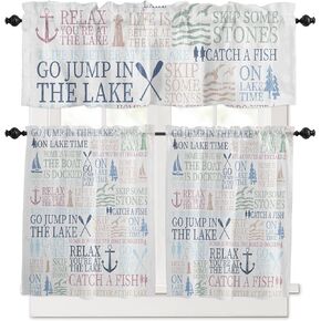 Kitchen Curtains and Valances Set, Nautical Anchor Sailboat Curtains Tier Farmhouse Rod Pocket Half Window Curtain 24 Inch Length, 3 Piece Kitchen Curtain Set Lake Life Theme