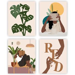 NIIORTY Afro Girl Reading Book Wall Art, African American Wall Art, American Minimalist Boho Canvas Posters for Girls Dorm Room Woman Bedroom Decor, Set of 4-8 x 10 inches, Unframed