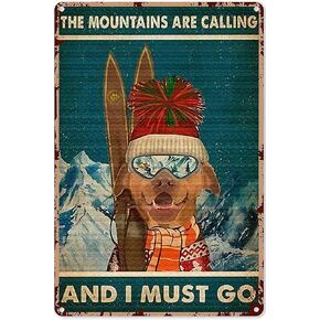 Ski Decorations For Bedroom Bulldog Skiing The Mountains Are Calling And I Must Go Vertical Poster,Ski Art Wall Decor Metal Sign 16x12 inch