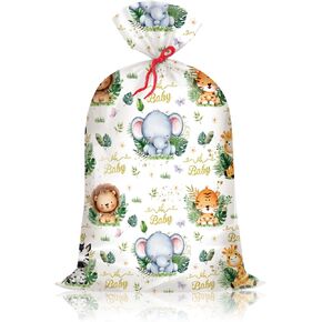 Large Baby Shower Bags Safari Jungle Animals Gift Bags Plastic Present Bag Gift Wrap for Baby Shower Gender Reveal Party Birthday Party Favors Supplies with Ropes 36 * 48 Inch