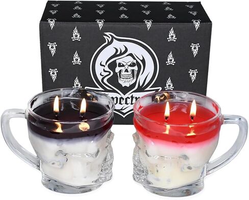 Spectre Gothic Skull Mug Scented Candle Set - Color Changing Red and Black Candles for Halloween Decor - Perfect Gifts for Men, Women, and Skull Lovers - Red and Black Skull Mug Candle, Two-Pack in Saudi Arabia