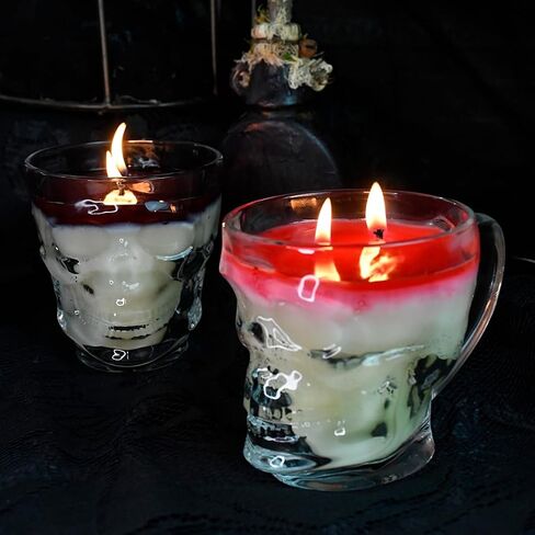 Spectre Gothic Skull Mug Scented Candle Set - Color Changing Red and Black Candles for Halloween Decor - Perfect Gifts for Men, Women, and Skull Lovers - Red and Black Skull Mug Candle, Two-Pack in Saudi Arabia