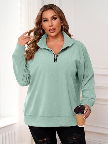 Chulianyouhuo Women Plus Size Oversized Sweatshirt Ribbed Corduroy Half Zip Pullover Tops Casual Long Sleeve Hoodies Clothes in Kuwait