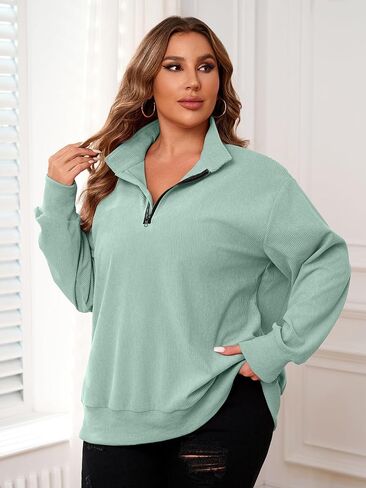 Chulianyouhuo Women Plus Size Oversized Sweatshirt Ribbed Corduroy Half Zip Pullover Tops Casual Long Sleeve Hoodies Clothes in Kuwait