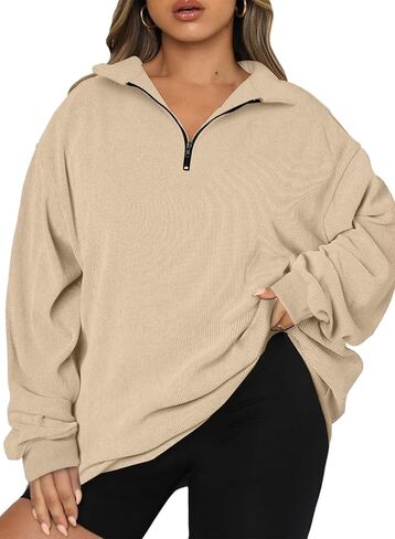 Chulianyouhuo Women Plus Size Oversized Sweatshirt Ribbed Corduroy Half Zip Pullover Tops Casual Long Sleeve Hoodies Clothes in Kuwait