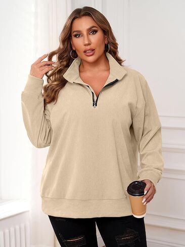 Chulianyouhuo Women Plus Size Oversized Sweatshirt Ribbed Corduroy Half Zip Pullover Tops Casual Long Sleeve Hoodies Clothes in Kuwait