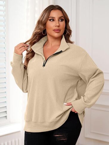 Chulianyouhuo Women Plus Size Oversized Sweatshirt Ribbed Corduroy Half Zip Pullover Tops Casual Long Sleeve Hoodies Clothes in Kuwait