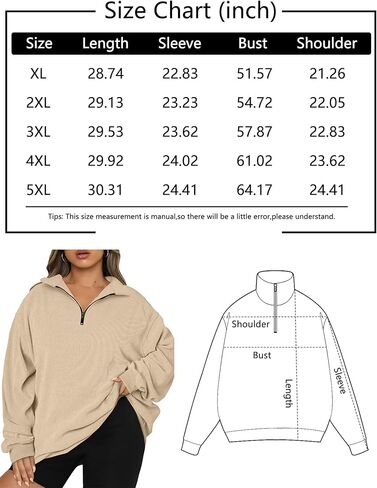Chulianyouhuo Women Plus Size Oversized Sweatshirt Ribbed Corduroy Half Zip Pullover Tops Casual Long Sleeve Hoodies Clothes in Kuwait