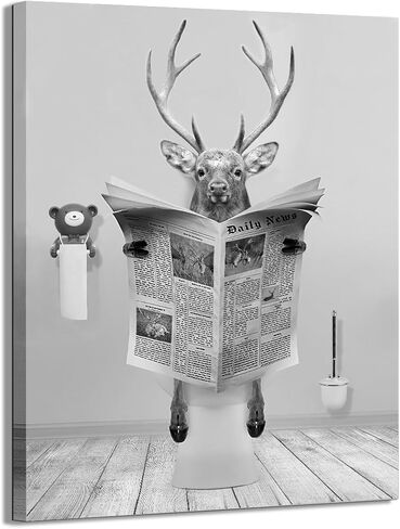 Funny Deer Bathroom Wall Decoration Black and White Canvas Deer in Bathroom Decoration Pictures Humorous Animal Bathroom Wall Art Printed Country Farmhouse Style Wall Decoration Ready Frame Hanging in Saudi Arabia