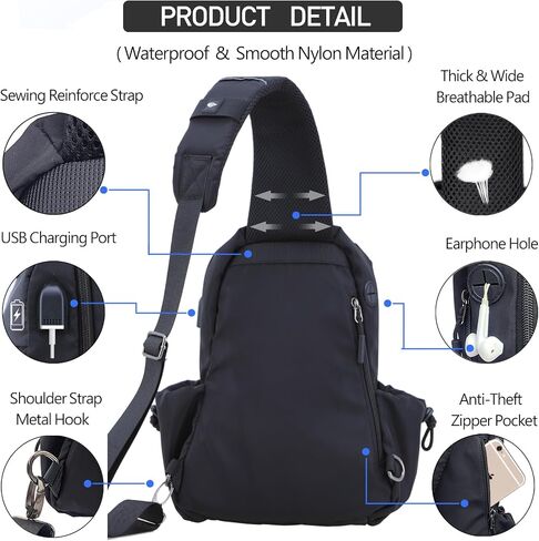 Sling Bag Crossbody Bag Sling Backpack for Men Women, Shoulder Bag Chest Crossbody Bag for Men Women, Lightweight Waterproof Sling Bag for Men Women USB Charging Port Travel Hiking in Saudi Arabia