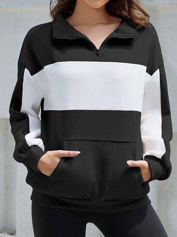 YATHON Womens Casual Quarter Zip Sweatshirt Color Block Fleece Fall Winter Outfits Pullover Sweater Clothes with Pockets in Saudi Arabia