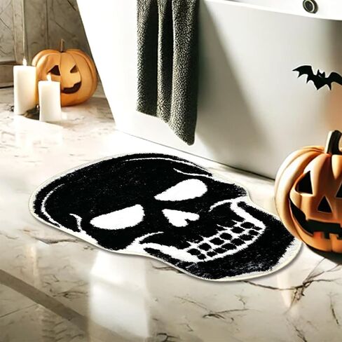 Spooky Halloween Bath Mat, Non Slip Skeleton Spider Bone Black Bathroom Rug, Premium Absorbent Microfiber Kitchen and Home Decor, 23" x 15" Halloween Skeleton Mat(Black Skull) in Saudi Arabia