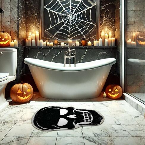 Spooky Halloween Bath Mat, Non Slip Skeleton Spider Bone Black Bathroom Rug, Premium Absorbent Microfiber Kitchen and Home Decor, 23" x 15" Halloween Skeleton Mat(Black Skull) in Saudi Arabia