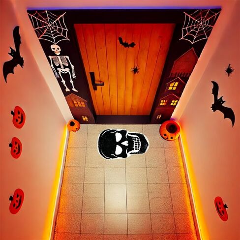 Spooky Halloween Bath Mat, Non Slip Skeleton Spider Bone Black Bathroom Rug, Premium Absorbent Microfiber Kitchen and Home Decor, 23" x 15" Halloween Skeleton Mat(Black Skull) in Saudi Arabia