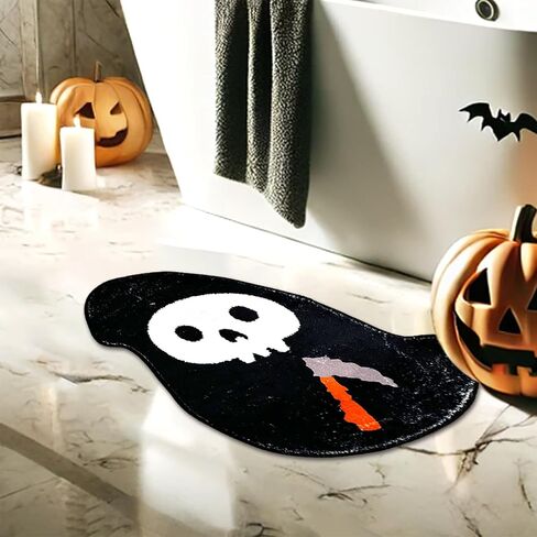 Spooky Halloween Bath Mat, Non Slip Skeleton Spider Bone Black Bathroom Rug, Premium Absorbent Microfiber Kitchen and Home Decor, 23" x 15" Halloween Skeleton Mat(Black Skull) in Saudi Arabia
