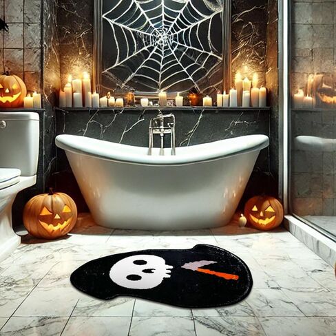 Spooky Halloween Bath Mat, Non Slip Skeleton Spider Bone Black Bathroom Rug, Premium Absorbent Microfiber Kitchen and Home Decor, 23" x 15" Halloween Skeleton Mat(Black Skull) in Saudi Arabia