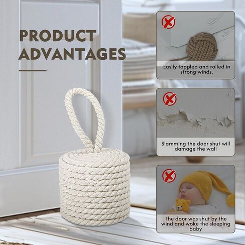 Rustic Jute Rope Door Stopper - Heavy-Duty 3.5lb Cylindrical Doorstop with Handle - Nautical Decor Weighted Floor Door Stop for Interior, Exterior, Barn Doors - Natural Fiber in Saudi Arabia