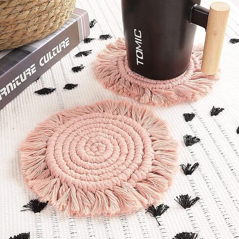 2 PCS Coasters for Drinks, Boho Coasters,Macrame Coasters with Tassels,Table Decor Bohemian Braided Coasters,Coaster Set for Home,Office and Bar,Housewarming Gift-Pink, 7.4IN in Kuwait