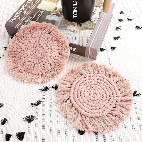 2 PCS Coasters for Drinks, Boho Coasters,Macrame Coasters with Tassels,Table Decor Bohemian Braided Coasters,Coaster Set for Home,Office and Bar,Housewarming Gift-Pink, 7.4IN in Kuwait