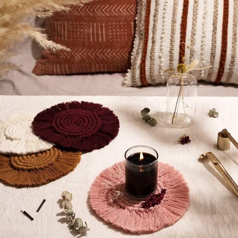 2 PCS Coasters for Drinks, Boho Coasters,Macrame Coasters with Tassels,Table Decor Bohemian Braided Coasters,Coaster Set for Home,Office and Bar,Housewarming Gift-Pink, 7.4IN in Kuwait