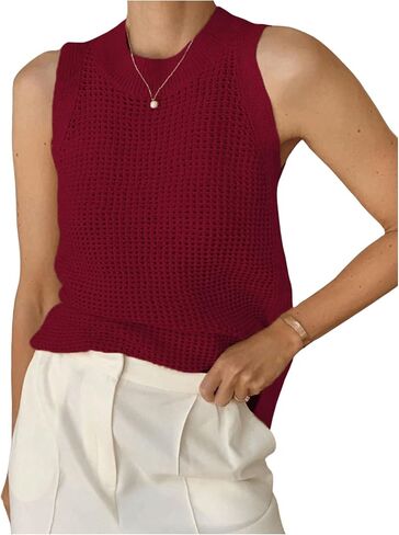 SweatyRocks Women's Hollow Out Sleeveless Knit Top Crewneck Split Sweater Vest in Saudi Arabia