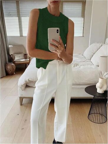 SweatyRocks Women's Hollow Out Sleeveless Knit Top Crewneck Split Sweater Vest in Saudi Arabia