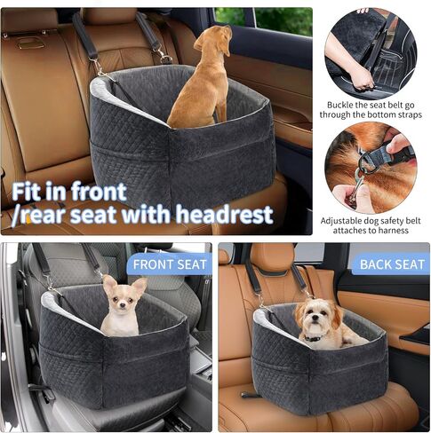 Dog Car Seat for Small Dogs,Updated Version Memory Foam Dog Car Booster Seat,puppy/Medium Dog Car Bed Washable and Removable Comes with Safety Leash and storage bag(Black/Grey) in Saudi Arabia