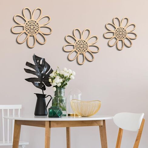 COLOR VALLEY ART 3 Pieces Boho Daisy Wall Decor Natural Rattan Flower Wall Hanging Art Wooden Boho Nursery Flowers Wall Decor for Living Room Home Nursery in Saudi Arabia