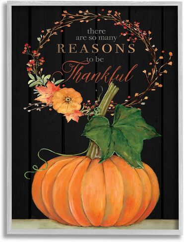 Stupell Industries Reasons to Be Thankful Pumpkin Fall Autumn Seasonal Design, Designed by Stephanie Workman Marrott Wall Art, 16x20, Grey Framed in Saudi Arabia