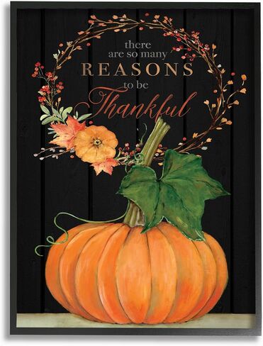 Stupell Industries Reasons to Be Thankful Pumpkin Fall Autumn Seasonal Design, Designed by Stephanie Workman Marrott Wall Art, 16x20, Grey Framed in Saudi Arabia