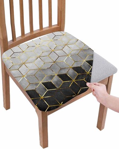 Savannan Dining Room Chair Seat Covers Set of 4, Cubic Graphics Ombre Abstract Art Black Gold Grey Removable Stretch Chair Seat Cushion Slipcovers Protector for Holiday Party Festival Decoration in Saudi Arabia