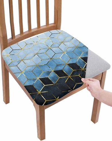 Savannan Dining Room Chair Seat Covers Set of 4, Cubic Graphics Ombre Abstract Art Black Gold Grey Removable Stretch Chair Seat Cushion Slipcovers Protector for Holiday Party Festival Decoration in Saudi Arabia
