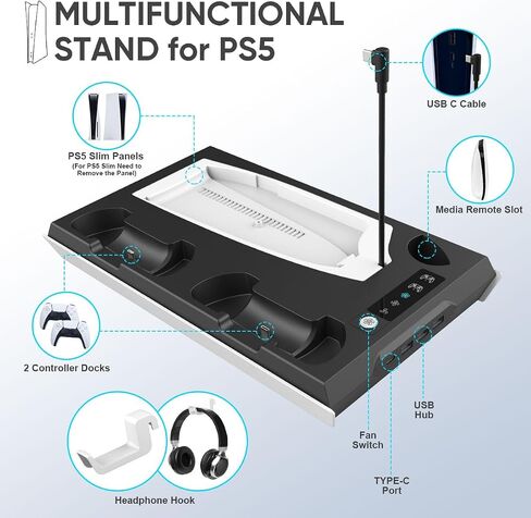 for PS5 Slim Stand and Turbo Cooling Station with Controller Charging Station for Playsation 5, for PS5 Accessories Kits with 3 Levels Cooling Fan, Headset Holder for PS5 Digital/Disc in Saudi Arabia