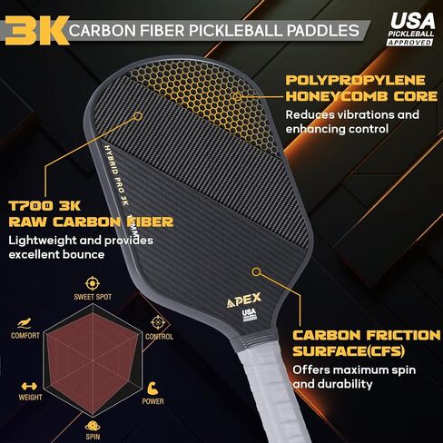 Pickleball Paddle, T700 Raw Carbon Fiber Pickleball Paddle with 16mm Polypropylene Honeycomb Core and Shock-Absorbing Grip, Pickleball Racket for Adults in Saudi Arabia