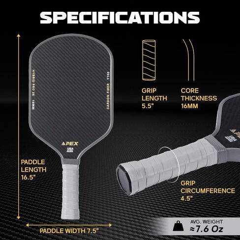 Pickleball Paddle, T700 Raw Carbon Fiber Pickleball Paddle with 16mm Polypropylene Honeycomb Core and Shock-Absorbing Grip, Pickleball Racket for Adults in Saudi Arabia