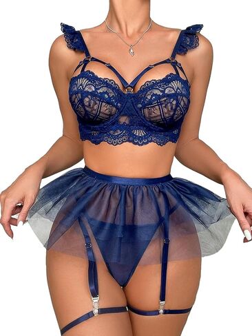 Sexy Strappy Bralette Floral Sheer Lingerie Set See Through Bra and Panty Embroidered Wireless Black XL in Saudi Arabia