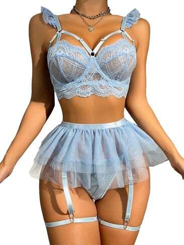 Sexy Strappy Bralette Floral Sheer Lingerie Set See Through Bra and Panty Embroidered Wireless Black XL in Saudi Arabia