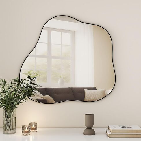 SHYFOY Irregular Wall Mirror, 31.5 "X29.5 Large Asymmetrical Decorative Mirror for Wall Decor, Living Room Mirror Abstract Wave Black Mirror Decor in Kuwait