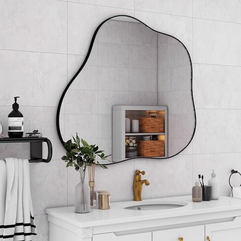 SHYFOY Irregular Wall Mirror, 31.5 "X29.5 Large Asymmetrical Decorative Mirror for Wall Decor, Living Room Mirror Abstract Wave Black Mirror Decor in Kuwait