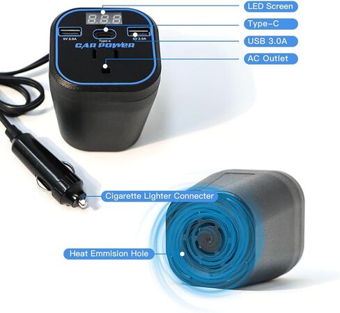 200W Car Power Inverter, Car Charger Adapter 12v to 110v Converter, Car Inverter with 3.0A Dual USB and Type-C, Car Outlet Adapter for Laptop, Black in Kuwait