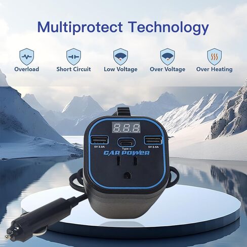 200W Car Power Inverter, Car Charger Adapter 12v to 110v Converter, Car Inverter with 3.0A Dual USB and Type-C, Car Outlet Adapter for Laptop, Black in Kuwait