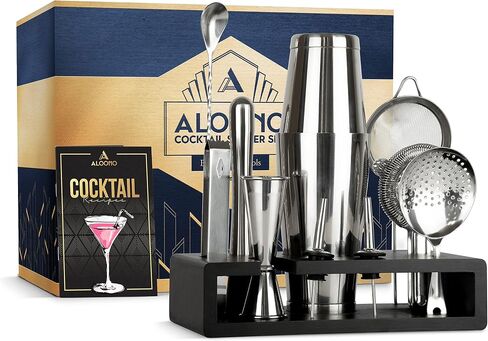 15-Piece Silver Boston Cocktail Shaker Set Bartender Kit | Drink Mixer Bar Set with Stand & Recipe Book | Cocktail Set Bar Accessories: Martini Shaker, Strainer, Jigger, Muddler, Spoon, & More in Saudi Arabia