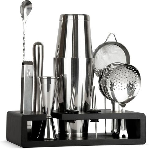 15-Piece Silver Boston Cocktail Shaker Set Bartender Kit | Drink Mixer Bar Set with Stand & Recipe Book | Cocktail Set Bar Accessories: Martini Shaker, Strainer, Jigger, Muddler, Spoon, & More in Saudi Arabia