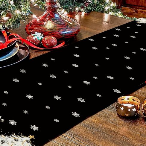 Christmas Table Runner Xmas Golden Tree Star Snowflake Black Merry Christmas 13 x 72 Inch Long Runners Winter Holiday Home Kitchen Table Decor in Saudi Arabia
