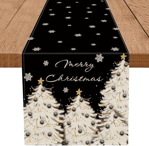 Christmas Table Runner Xmas Golden Tree Star Snowflake Black Merry Christmas 13 x 72 Inch Long Runners Winter Holiday Home Kitchen Table Decor in Saudi Arabia