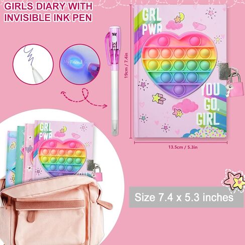 GINMLYDA Pop Girls Diary مع قفل وحبر غير مرئي قلم مزدوج النهاية، 7.5 × 5.4 بوصة 160 صفحة مبطنة تململ مجلة الفتيات ذات القلب الملون للأطفال مجموعة أقلام دفتر سرية هدايا للكتابة in Kuwait
