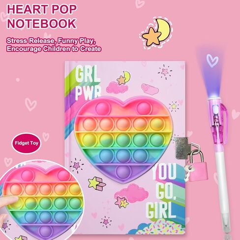 GINMLYDA Pop Girls Diary مع قفل وحبر غير مرئي قلم مزدوج النهاية، 7.5 × 5.4 بوصة 160 صفحة مبطنة تململ مجلة الفتيات ذات القلب الملون للأطفال مجموعة أقلام دفتر سرية هدايا للكتابة in Kuwait