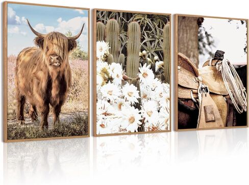 BINCUE Framed Highland Cow Canvas Wall Art Large Farmhouse Floral Highland Cow Pictures Western Painting for Bedroom Living Room Decor 3 Pieces 16x24 Inches in Saudi Arabia